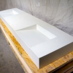 White concrete double ramp sink vanity slot drain vanities vanity cement GFRC GRC LEED modern polished cement