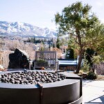 Modern industrial design concrete and steel firepit overlooking Steamboat springs CO Modern industrial design, concrete and steel firepit overlooking Steamboat springs CO